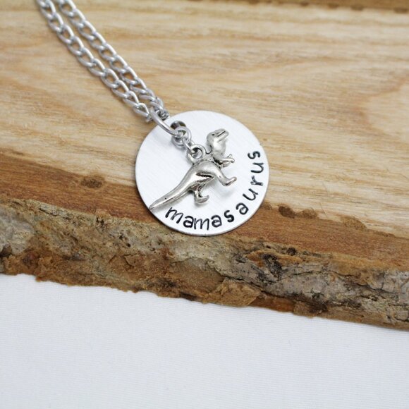 Mamasaurus Hand Stamped Pendant Necklace - 18" Chain - Handmade & Hypoallergenic - Picture 3 of 6